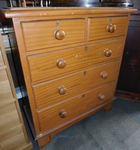 A Victorian scumbled pine chest of two short over three long drawers, on bracket feet, 109cm...