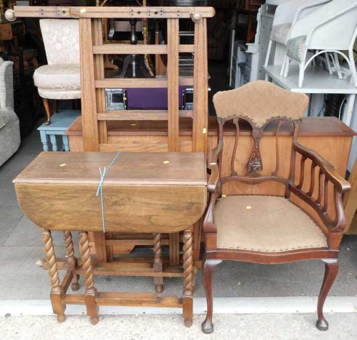 A group of oak furniture, comprising a barley twist drop leaf table, oak headboard and foot...