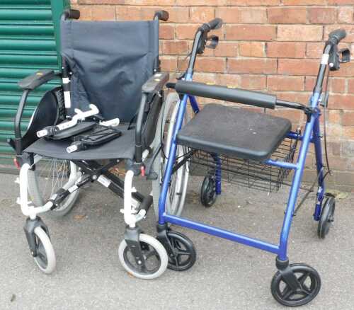 Mobility aides, comprising a folding wheelchair, and a folding walker with seat.