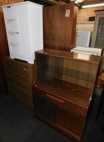 Furniture, comprising a white finished bathroom cabinet, a display cabinet with two glass...