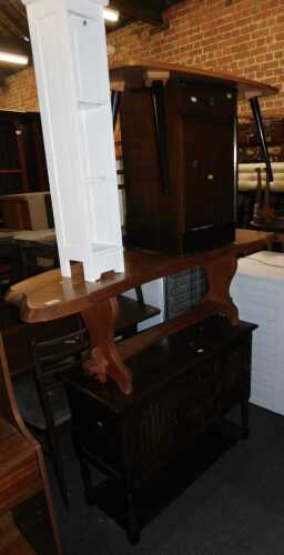 Furniture, comprising an elm coffee table, another coffee table, an oak linenfold side cabinet,...