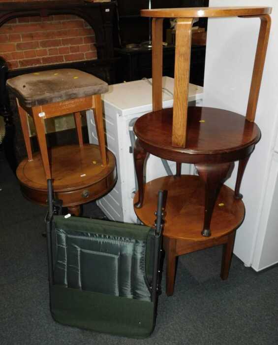 Furniture, comprising a drum table, raised on a tripod base, terminating in paw feet, three...