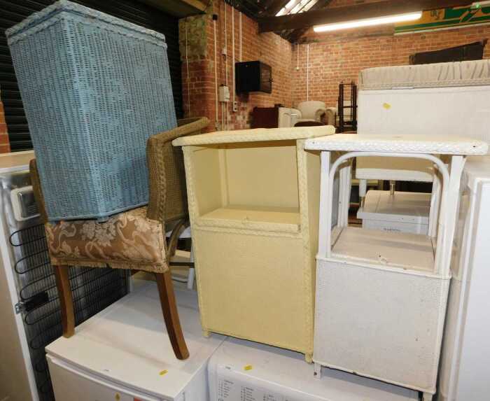 Lloyd Loom style furniture, comprising two bedside cabinets, a gold painted chair and a blue...