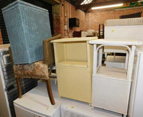 Lloyd Loom style furniture, comprising two bedside cabinets, a gold painted chair and a blue...