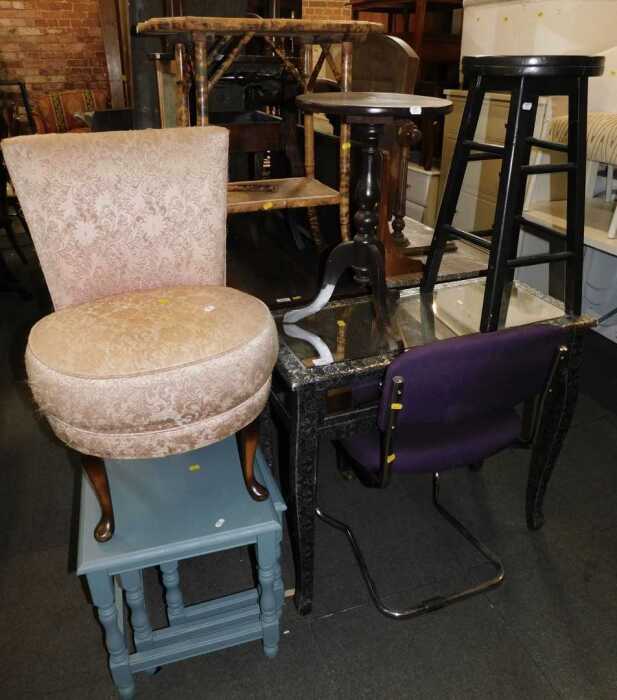 Furniture, comprising a mirror topped table, with two mirror finished drawers, a stool, finished...