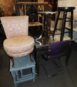 Furniture, comprising a mirror topped table, with two mirror finished drawers, a stool, finished...