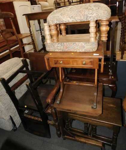 Furniture, comprising a pair of footstools, with turned supports, a small drop end sofa table,...