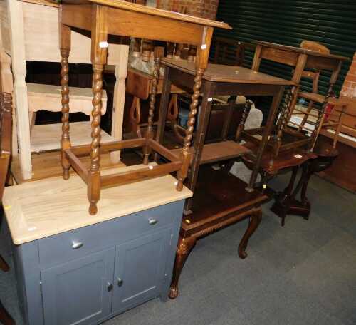 Furniture, comprising early 20thC occasional tables, a grey painted cupboard, a Victorian...