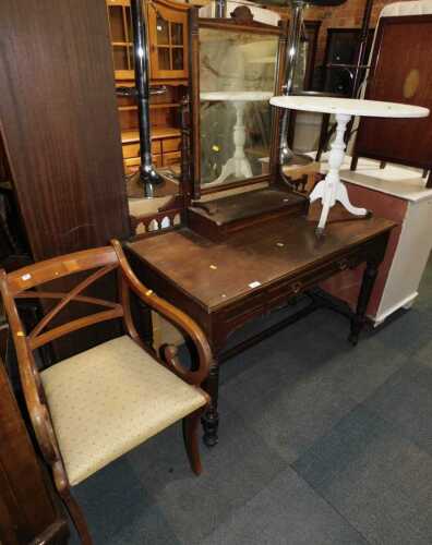 Furniture, comprising an inlaid late 19thC dressing chest, with a swivel mirror, over three...