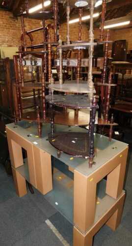 Furniture, comprising three corner whatnots, a large coffee table with glass top, and two...