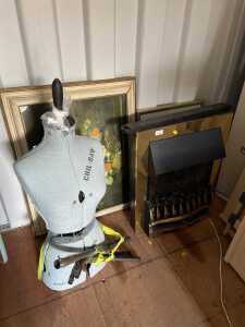 Two prints, a dressmaker's mannequin, and an electric fire. (4)