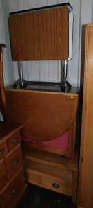 Furniture, comprising a chrome melamine finished folding drop leaf gate leg dining table, a...
