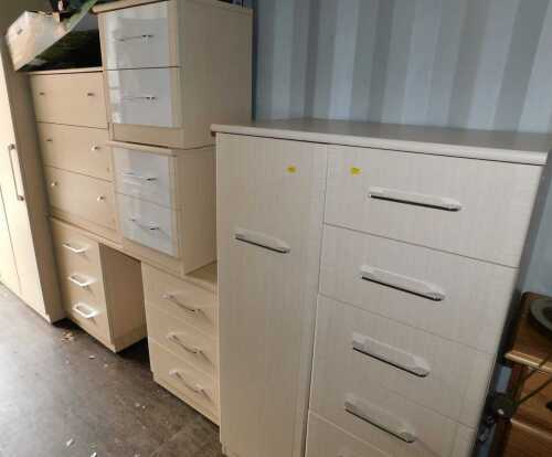 A bedroom suite, comprising a chest of drawers, with three long drawers, two small chests, of...