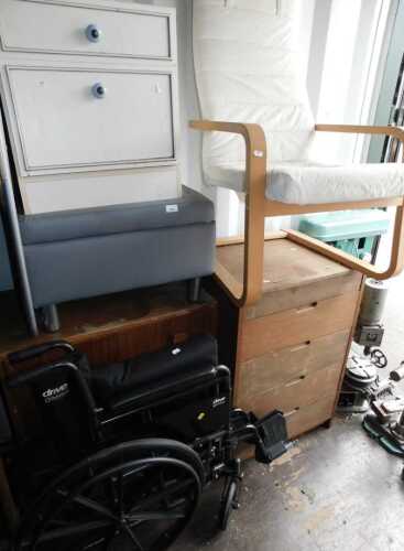 Furniture, comprising two mid century chests of drawers, a bentwood chair, a two drawer chest, a...