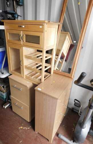 Furniture, comprising a lightwood finished storage unit for a kitchen, a two drawer chest, a...