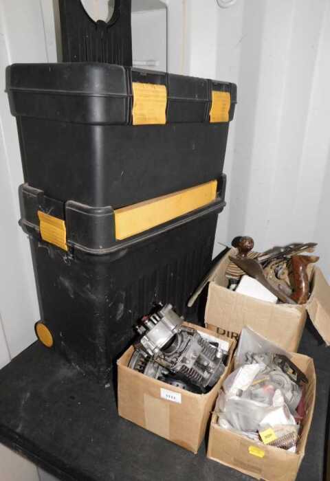 Tools, to include two toolboxes, engine parts, etc. (3 boxes plus)