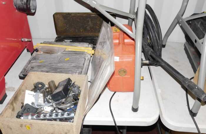 Tools, comprising a Clark pressure wash with hose, two metal toolboxes containing hand tools,...