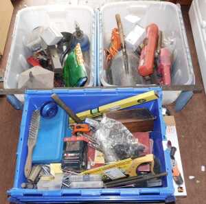 Three plastic toolboxes containing hand tools, accessories, etc. (1 shelf)