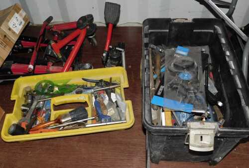 Tools, comprising jacks, metal frames, ramps, a toolbox containing hand tools. (contents under 1...