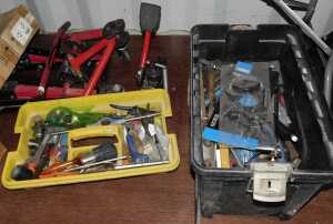 Tools, comprising jacks, metal frames, ramps, a toolbox containing hand tools. (contents under 1...