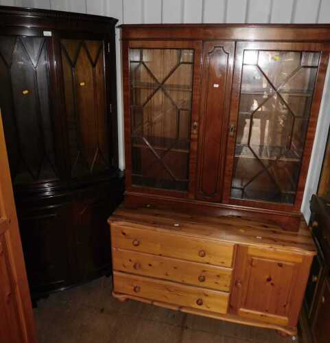 Furniture, comprising a corner display cabinet with two glazed doors, shelves to interior, over...