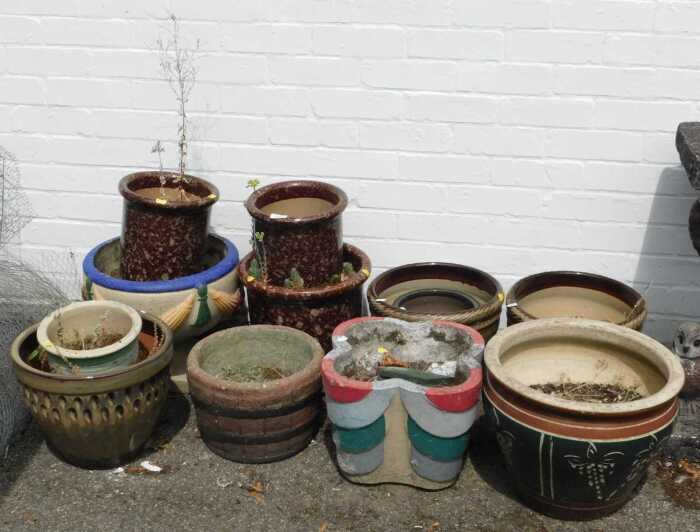 Twelve ceramic garden planters, of various forms, shapes and sizes.