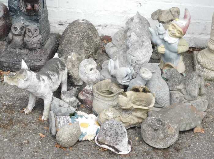 Garden statues, to include animals, concrete finished, gnomes, cow, etc.