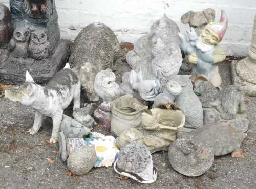 Garden statues, to include animals, concrete finished, gnomes, cow, etc.