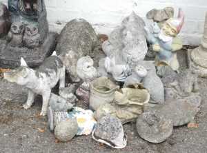 Garden statues, to include animals, concrete finished, gnomes, cow, etc.