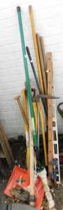Garden tools, to include a spirit level, fork, hoe, etc.