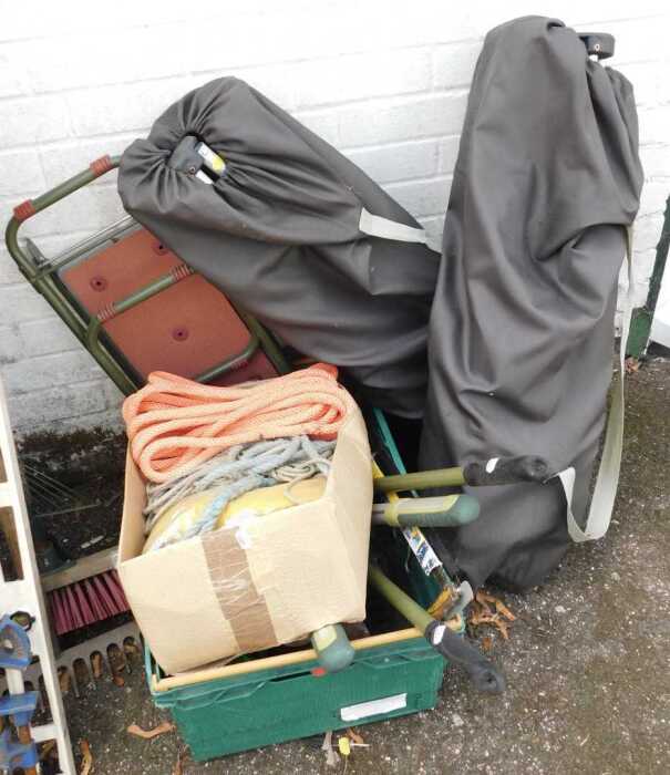 Garden equipment, to include tools, two bagged chairs, ropes, etc.