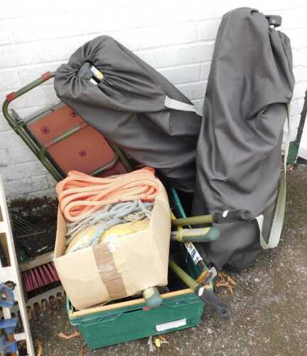 Garden equipment, to include tools, two bagged chairs, ropes, etc.