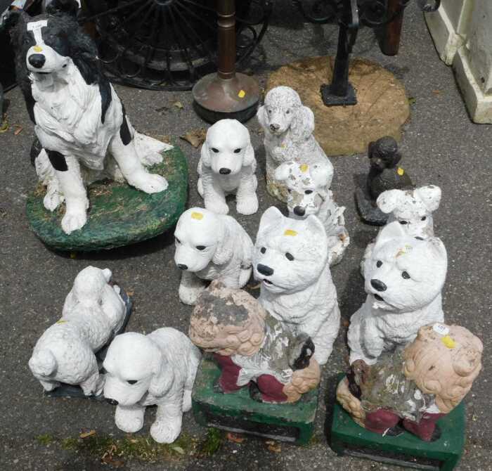 Garden statues, to include animal figures, all dogs.