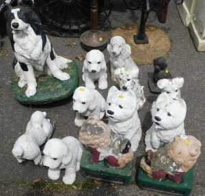 Garden statues, to include animal figures, all dogs.