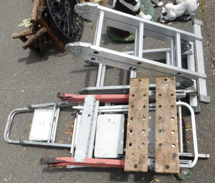 Ladders, including a small aluminium A frame ladder, various other ladders, and a workmate. (a...