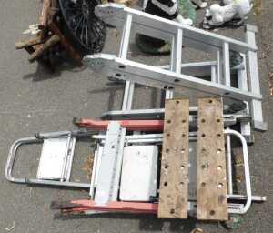 Ladders, including a small aluminium A frame ladder, various other ladders, and a workmate. (a...