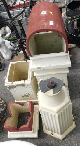 Two rectangular chimney pots, with painted tops (AF), and a ceramic windmill base. (3)