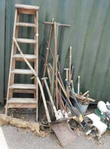 Garden equipment, including A frame wooden ladders, scythes, spades, forks, sifters, axes, etc....