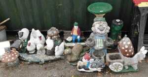 Garden statues, mainly animals including sheep, swan, etc, gnomes, birdbath, etc. (a quantity)