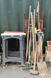 Garden tools, including stands, forks, spades, hoes, lump hammer, sack barrow, etc.