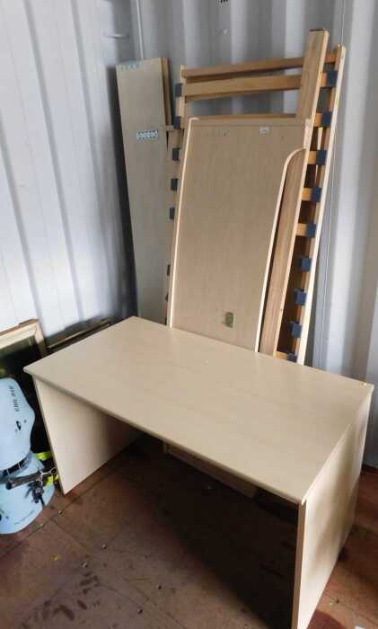 A melamine finished double bed, with slatted base, (AF), together with a dressing table. (2)