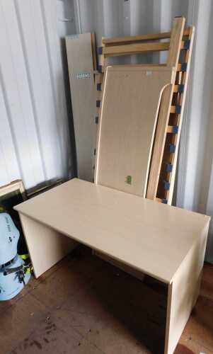 A melamine finished double bed, with slatted base, (AF), together with a dressing table. (2)