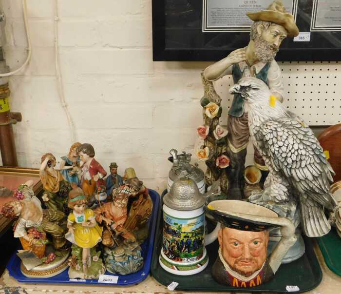 Ceramics, to include Capodimonte style figures, a large gentleman against a tree stump, a large...