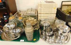 Silver plated wares and household wares, etc., to include a cocktail shaker, small serving bowls,...
