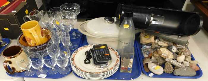 A box containing various fossils, together with household wares, a Berndes cast iron and enamel...