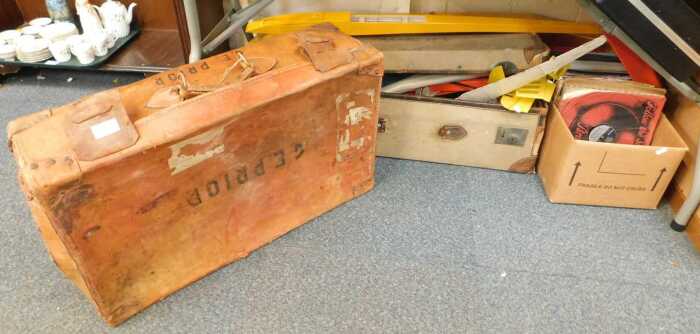 Two suitcases, an attache case, two model aeroplanes (AF), 78rpm records and maps. (1 box, under...
