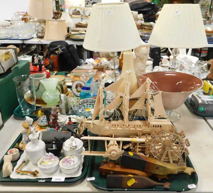 Household items, to include two table lamps, vases, figurine, a large bowl on stand, puzzle work...