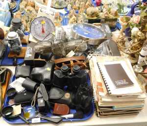 Household items, to include scales, wall clocks, a BMW R90S unit model engine, binoculars,...