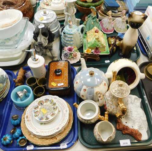 Ceramics, comprising a Czechoslovakian ceramic coffee pot, sugar and milk, large butter dish,...