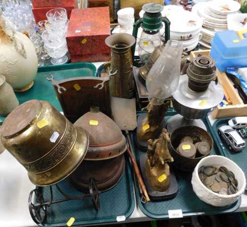 Brass and metalwares, to include coinage, weights, a figure of a rearing horse with gent beside,...